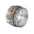 Silver ring with gold accents and engraved text on a white background