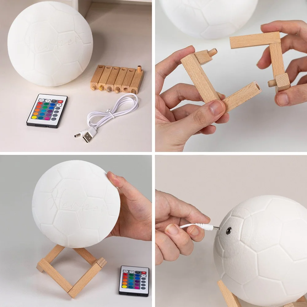 Personalized 3D football LED night light
Custom football lamp with remote control
Acrylic football night light with wooden base
Football themed bedroom decor lamp
Personalized sports LED table lamp close up