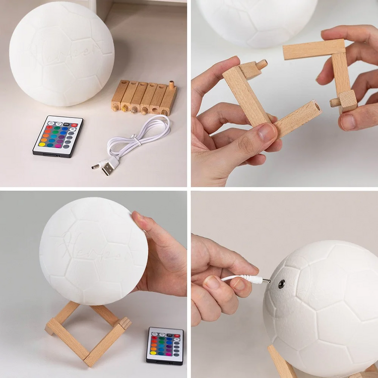 Personalized 3D football LED night light
Custom football lamp with remote control
Acrylic football night light with wooden base
Football themed bedroom decor lamp
Personalized sports LED table lamp close up