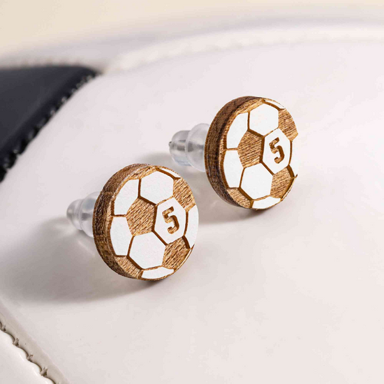Personalized soccer number stud earrings
Engraved wood soccer earrings for sports lovers
Lightweight soccer mom earrings close up
Custom sports jewelry gift for soccer players
Wooden soccer stud earrings handmade design