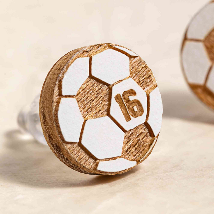 Personalized soccer number stud earrings
Engraved wood soccer earrings for sports lovers
Lightweight soccer mom earrings close up
Custom sports jewelry gift for soccer players
Wooden soccer stud earrings handmade design