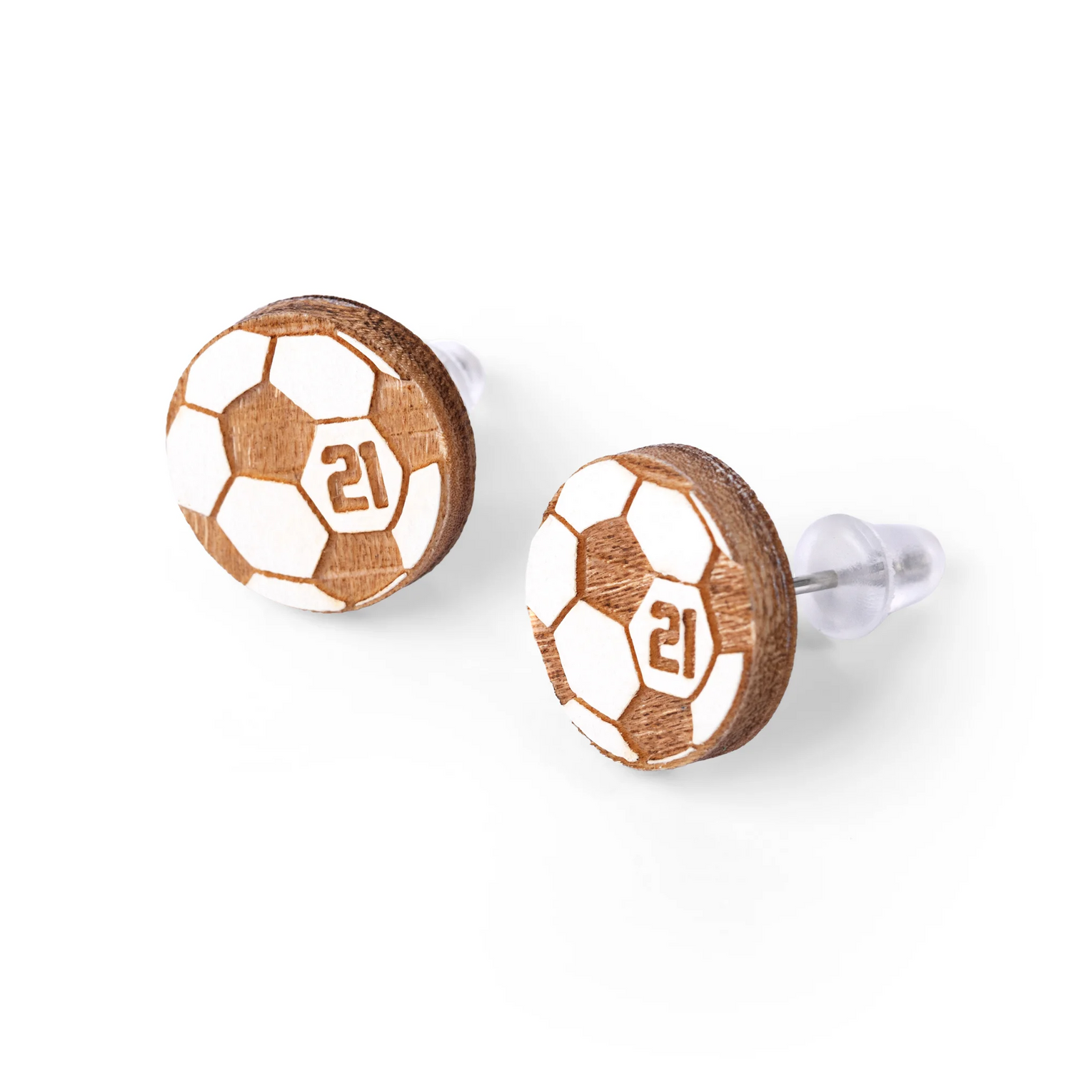 Personalized soccer number stud earrings
Engraved wood soccer earrings for sports lovers
Lightweight soccer mom earrings close up
Custom sports jewelry gift for soccer players
Wooden soccer stud earrings handmade design