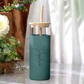 Glass tumbler with silicone sleeve close up
