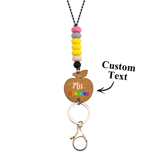 Personalized Teacher Lanyard with Wooden Apple Keychain – Custom ID Badge Holder Gift