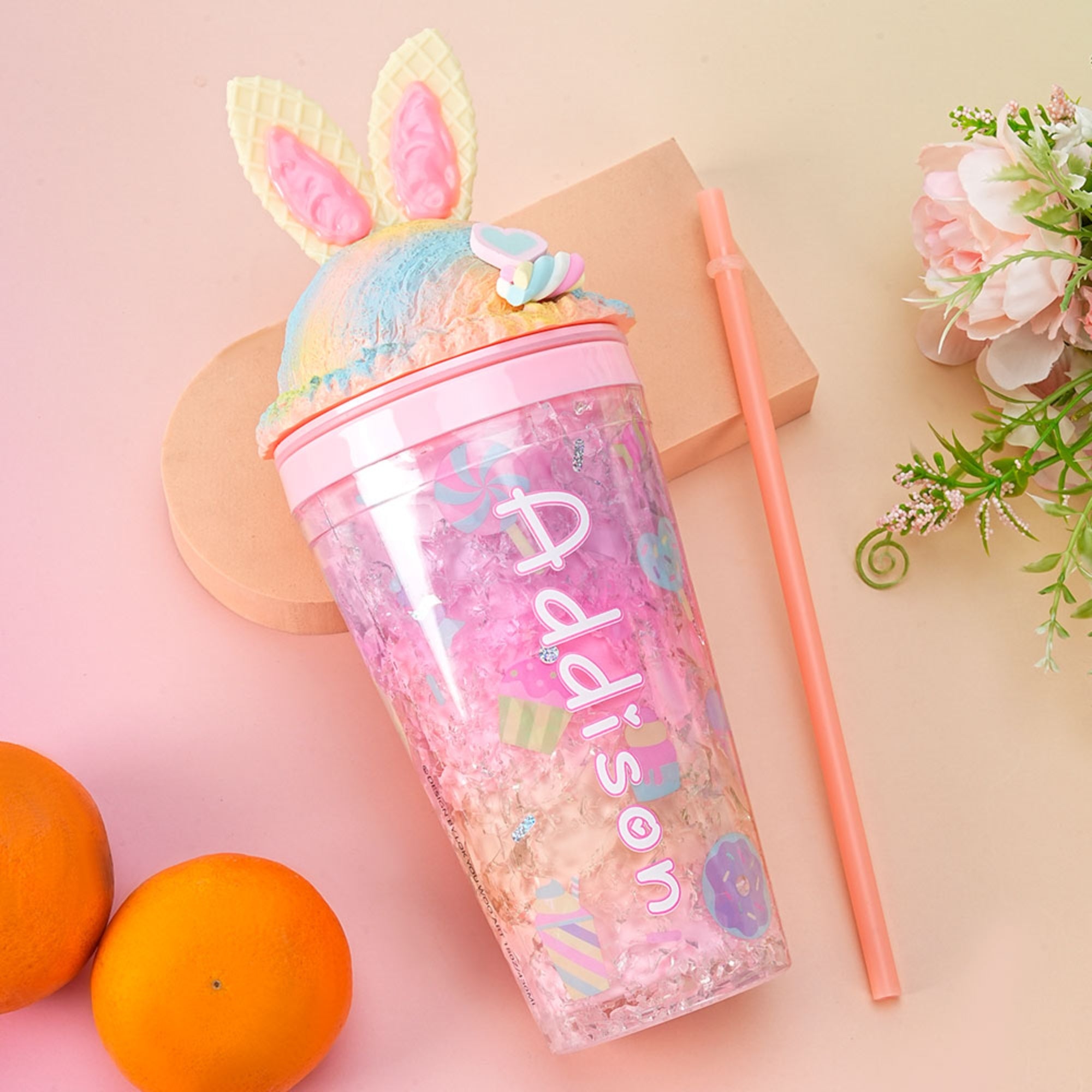 Personalized Name Waffle Rabbit Ice Cream Cup, Cute Bunny Leak-Proof 15oz Water Bottle with Straw, Easter/Birthday/Christmas Gift for Kids/Boys/Girls