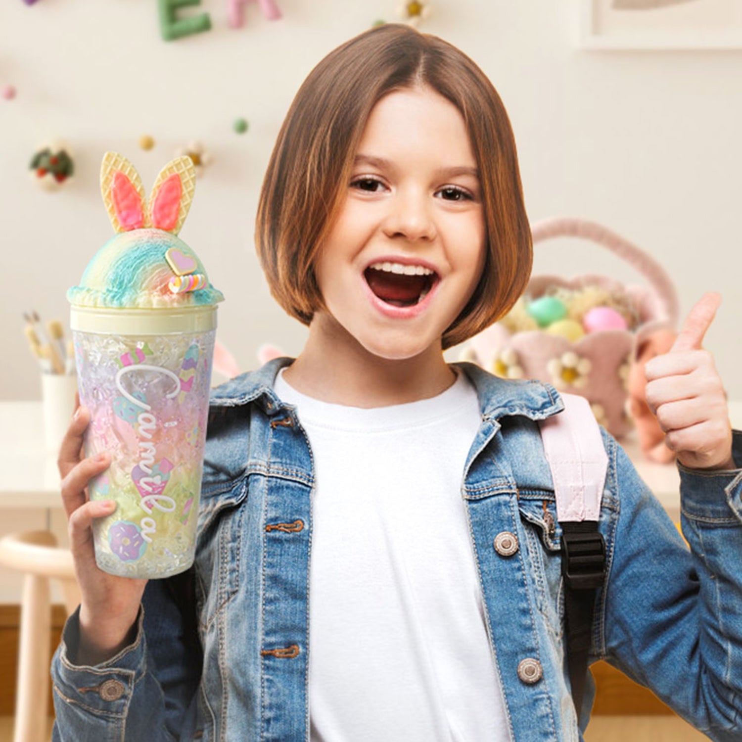 Personalized Name Waffle Rabbit Ice Cream Cup, Cute Bunny Leak-Proof 15oz Water Bottle with Straw, Easter/Birthday/Christmas Gift for Kids/Boys/Girls