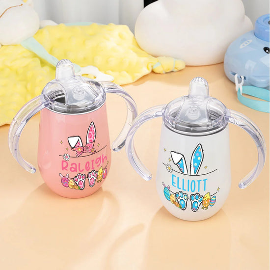 Personalised Name Cartoon Bunny Sippy Cup, 10oz Insulated Egg-Shaped Water Cup with Handles & Lid, Birthday/Baby Shower/Easter Gift for Kids/Toddlers