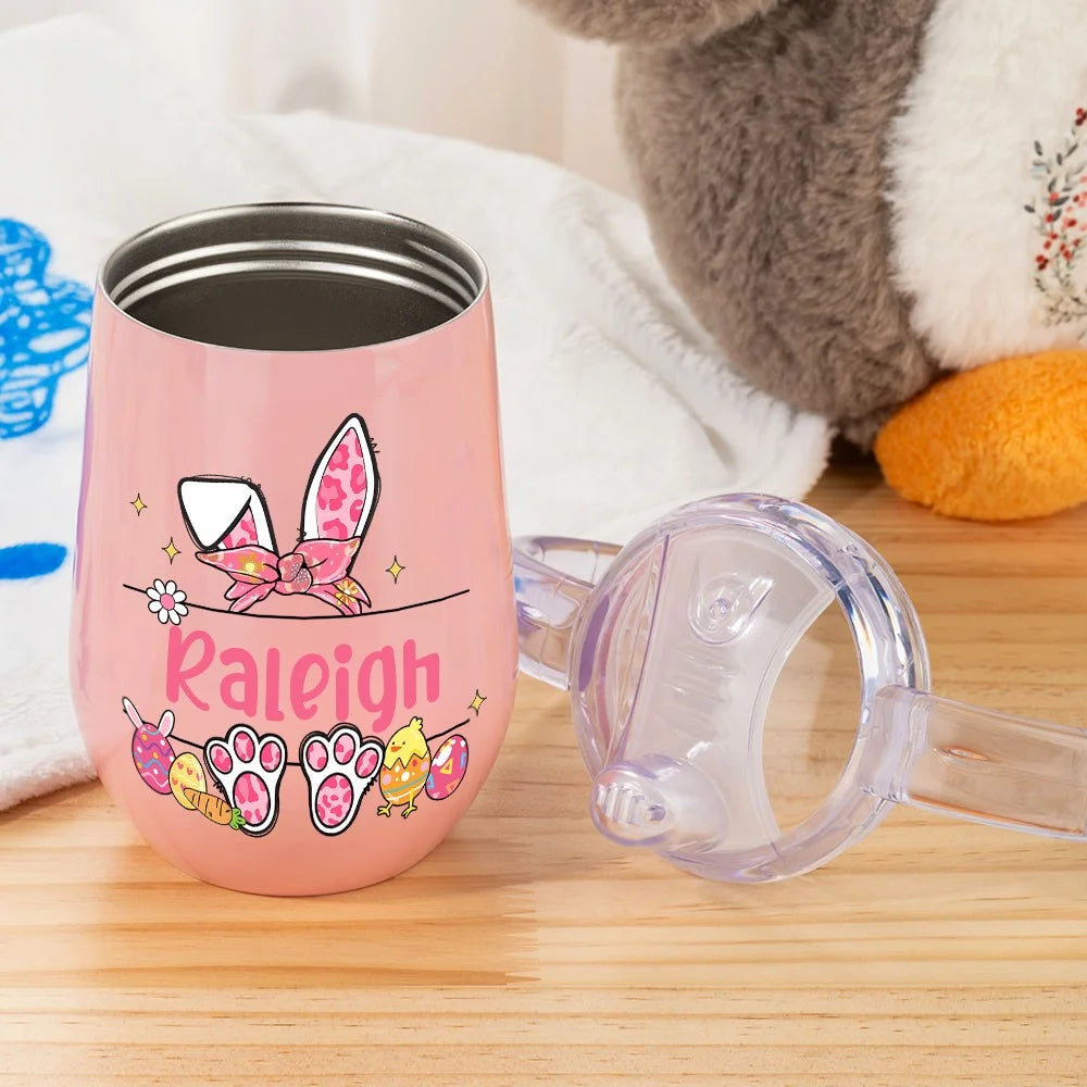 Personalised Name Cartoon Bunny Sippy Cup, 10oz Insulated Egg-Shaped Water Cup with Handles & Lid, Birthday/Baby Shower/Easter Gift for Kids/Toddlers