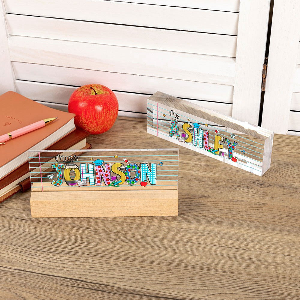Personalized acrylic teacher name plate with apple pencil design
