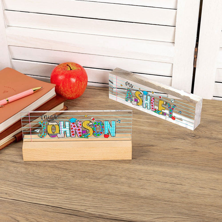 Personalized acrylic teacher name plate with apple pencil design