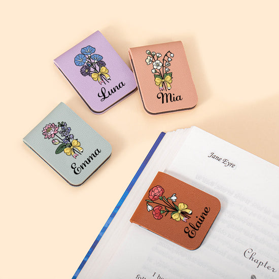 Personalized Birth Flower Magnetic Bookmark – Custom Teacher Leather Bookmark Gift for Book Lovers & Readers